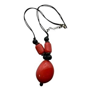 Red Crackle Glass Teardrop Pendant Necklace Black Cord Beaded Statement